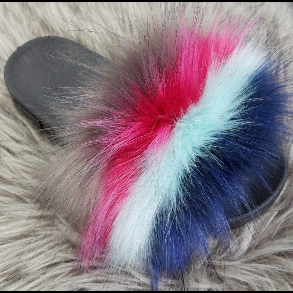 Navy, Mint, Hot Pink & Grey Faux Fur Slides